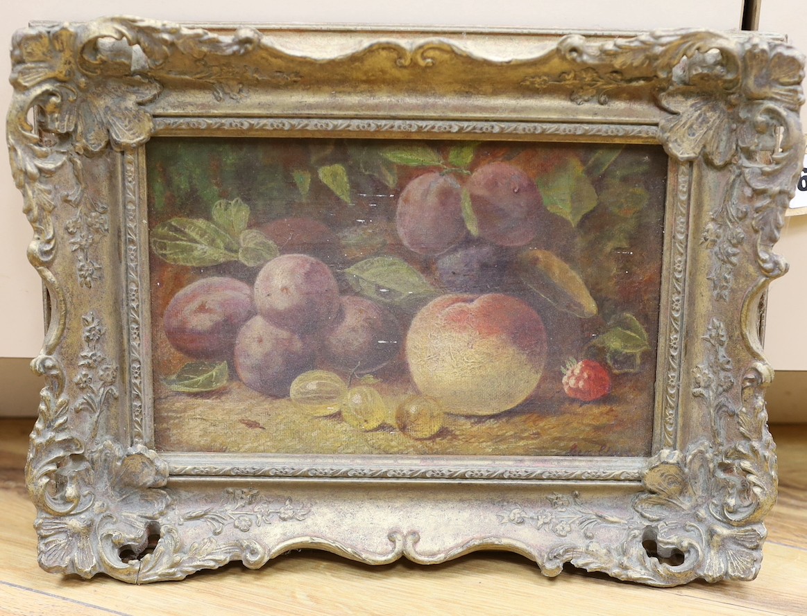 George Clare (British, 1830-1900) Still life of plums, gooseberries, a peach and a raspberry, signed, 14 x 22cm.